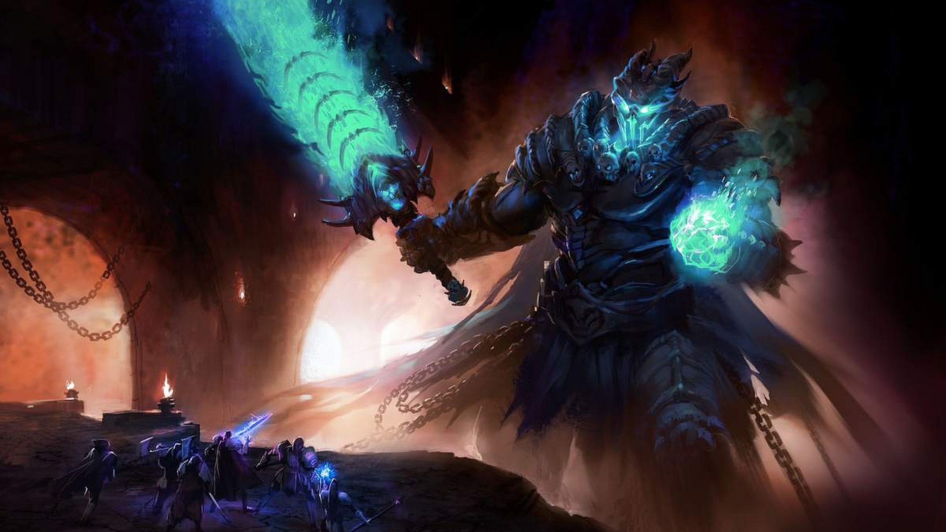 A towering fantasy creature wields a glowing sword and magical orb, surrounded by smaller figures in a dramatic, dark environment. This HD wallpaper immerses viewers in an epic scene.