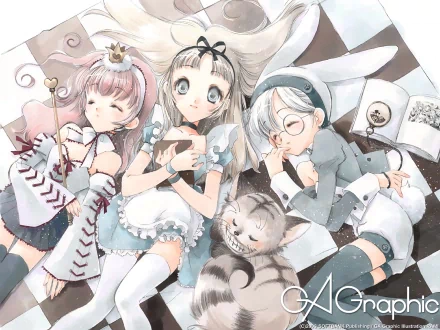 Anime-inspired scene featuring characters from Alice in Wonderland, including a girl in a blue dress, a cat, and whimsical companions, set against a whimsical checkerboard background.