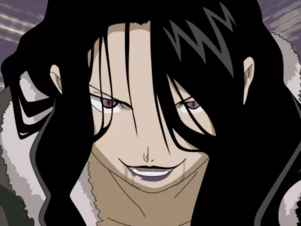 HD wallpaper featuring Lust from Fullmetal Alchemist, depicted with a confident smirk and striking pink eyes, embodying the character’s allure and intensity in this anime-themed background.