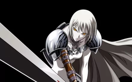 An HD anime wallpaper featuring a fierce character from Claymore, wielding a large sword and exuding a powerful presence against a stark black background.