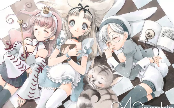 Anime-inspired scene featuring characters from Alice in Wonderland, including a girl in a blue dress, a cat, and whimsical companions, set against a whimsical checkerboard background.
