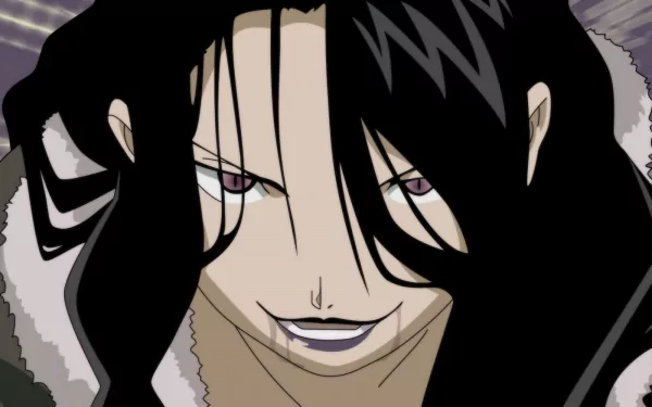 HD wallpaper featuring Lust from Fullmetal Alchemist, depicted with a confident smirk and striking pink eyes, embodying the character’s allure and intensity in this anime-themed background.