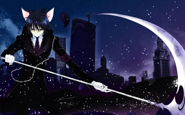 HD wallpaper featuring a character from Shugo Chara! with cat ears wielding a scythe against a dark city skyline, blending anime art with a mystical atmosphere.