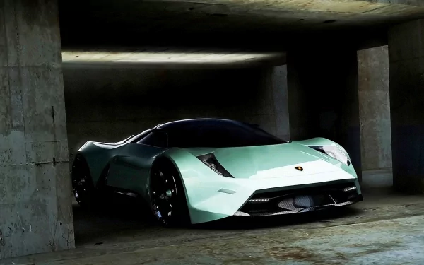A sleek Lamborghini Insecta showcases its futuristic design in an industrial setting, making this HD wallpaper a striking visual for car enthusiasts.