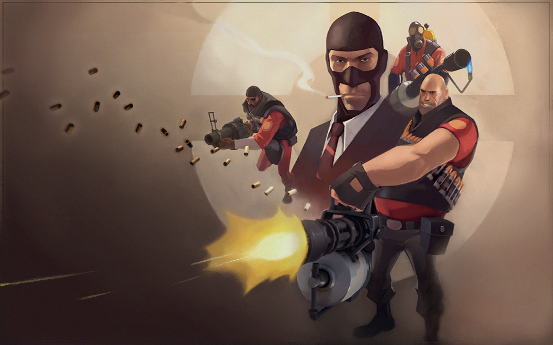 Team Fortress characters, including Spy, Pyro, Heavy, and Soldier, in a HD desktop wallpaper.