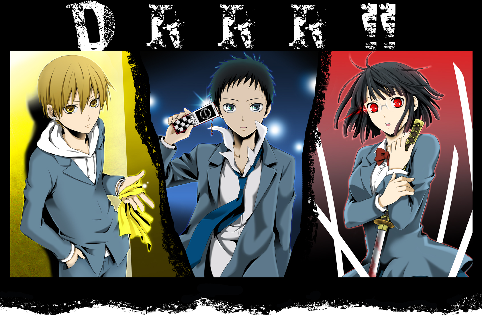 Anime characters Mikado Ryūgamine, Anri Sonohara, and Masaomi Kida from Durarara! standing together.