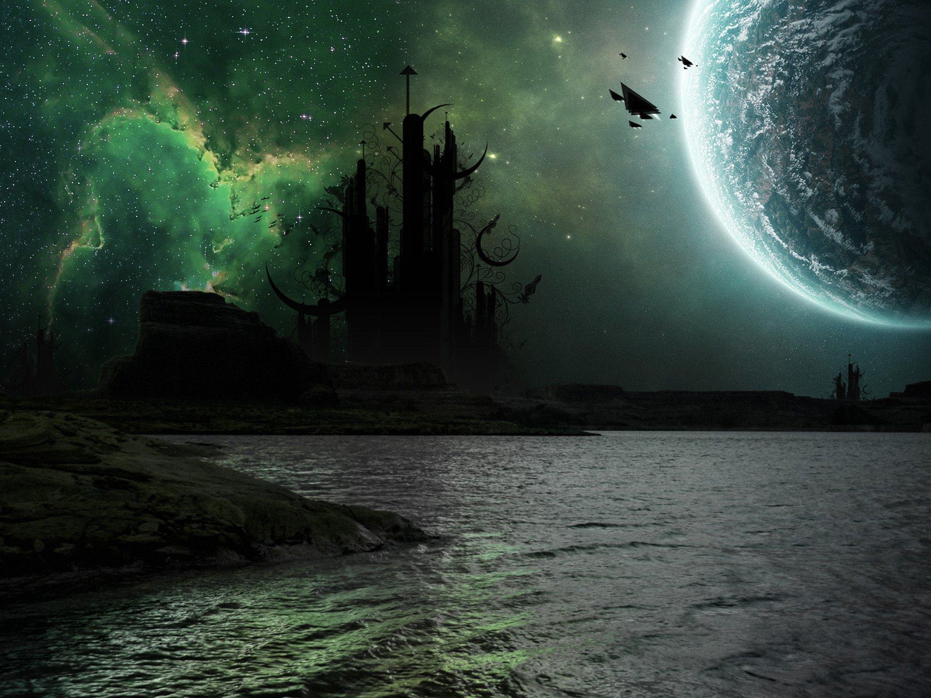 Artistic fantasy HD desktop wallpaper showing a dark, mysterious castle by water under a glowing, ethereal green sky with a massive planet looming in the background.