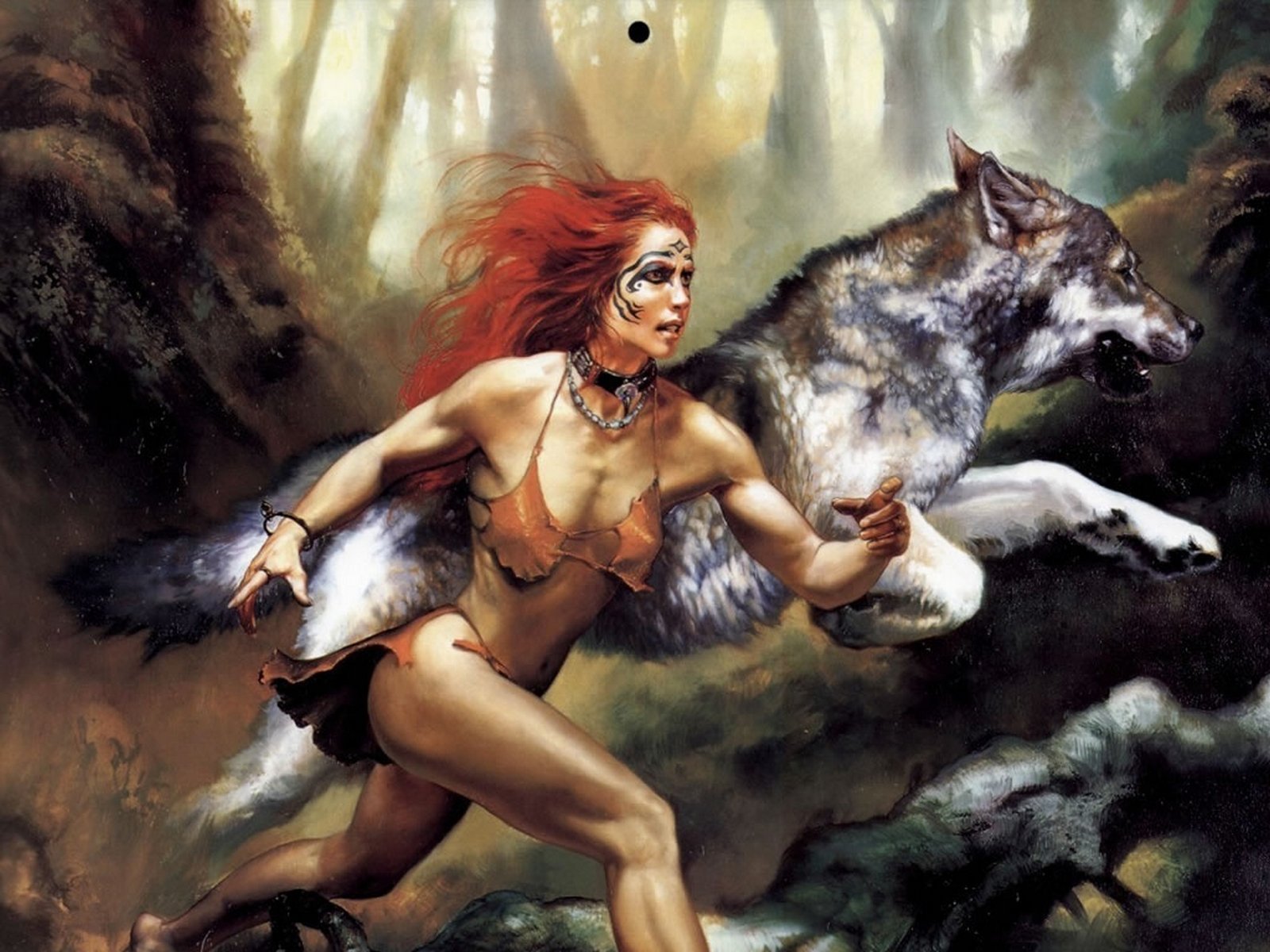 HD PC desktop wallpaper and background: red-haired fantasy woman in tribal garb dashes through a misty forest alongside a large wolf.