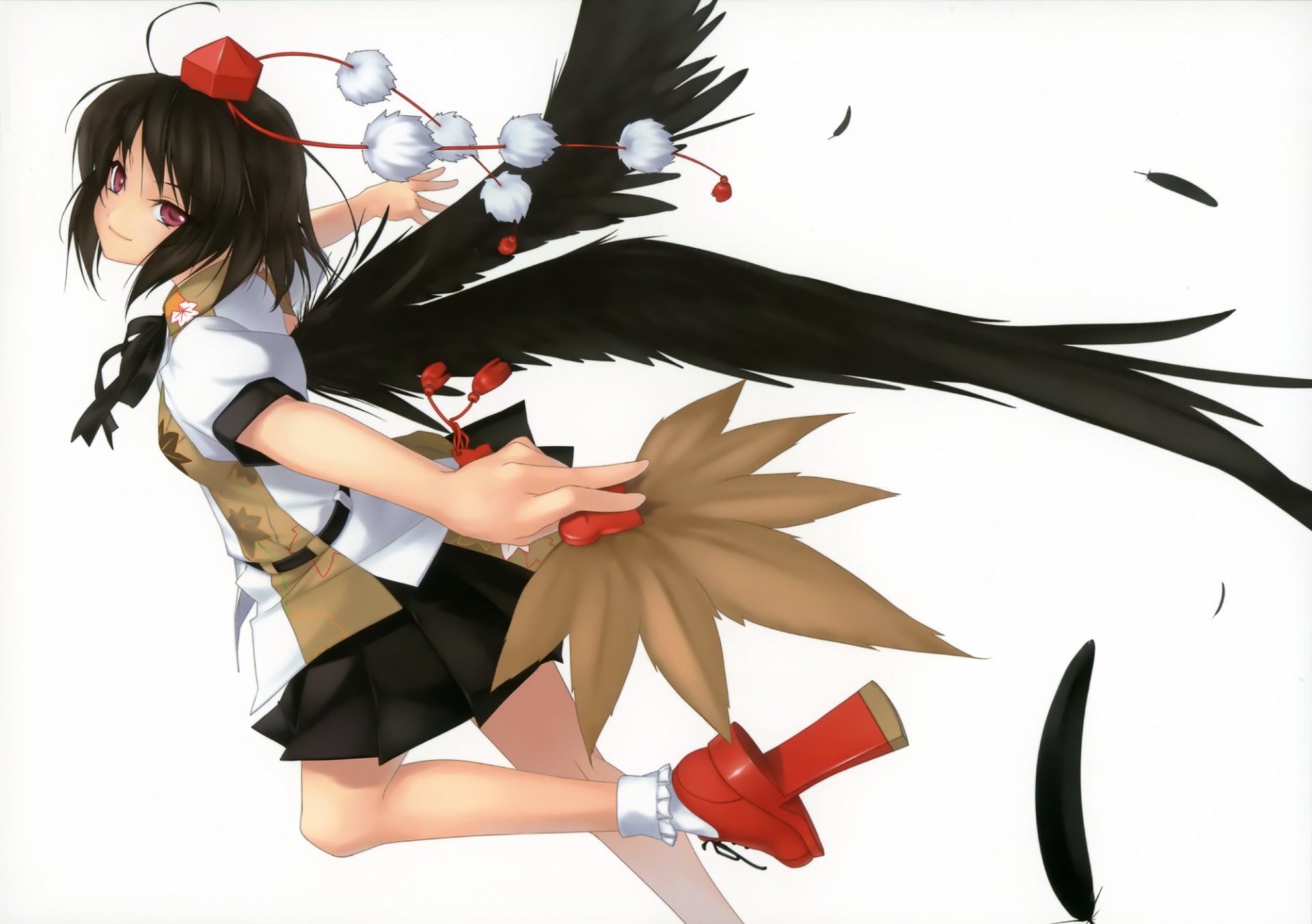 HD PC desktop wallpaper featuring Aya Shameimaru from the anime Touhou, depicted with her signature black wings and dynamic pose on a white background.