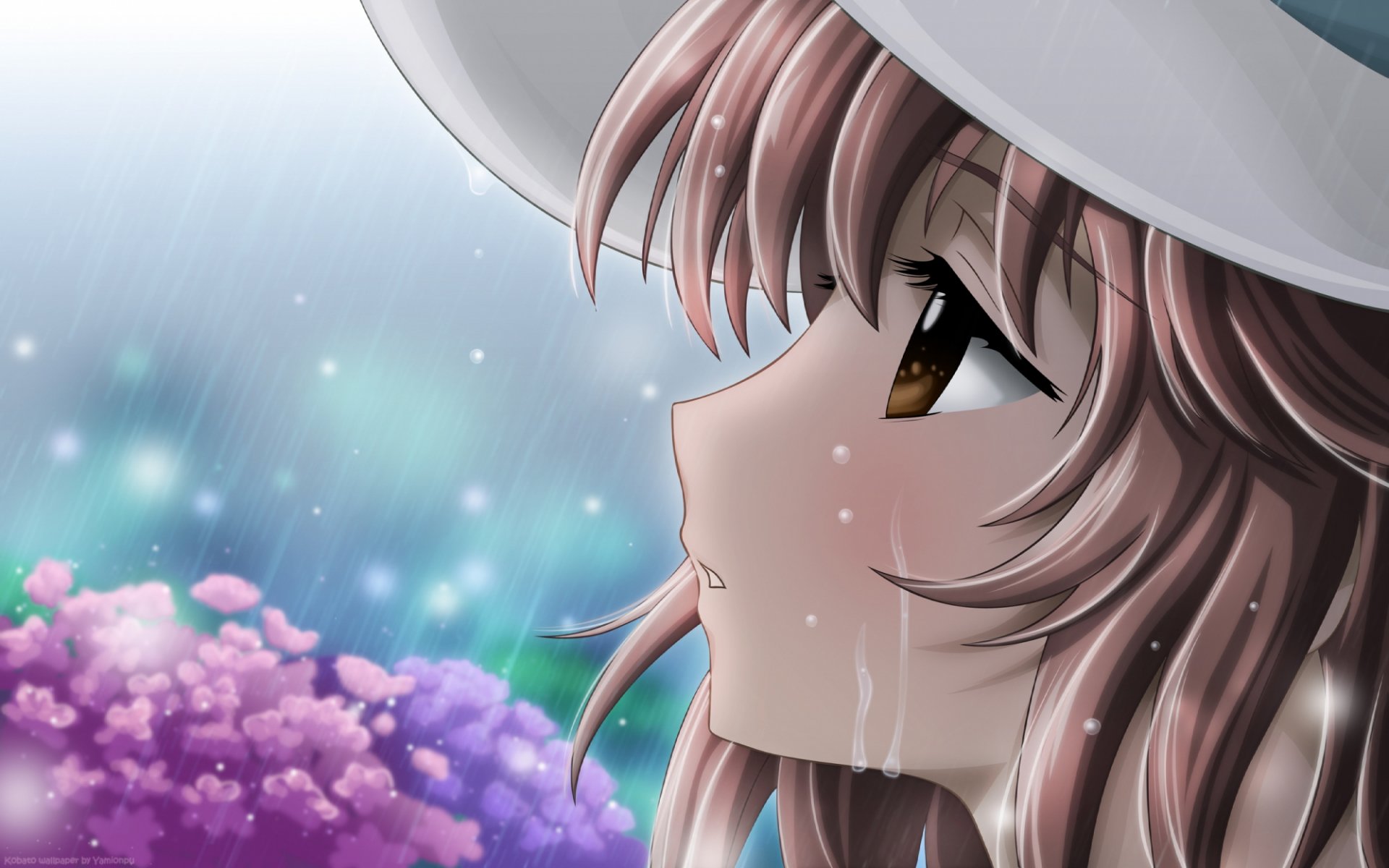 Close-up anime-style HD wallpaper of Kobato, a girl with soft brown hair and expressive eyes, wearing a white hat, set against a rainy, floral background.