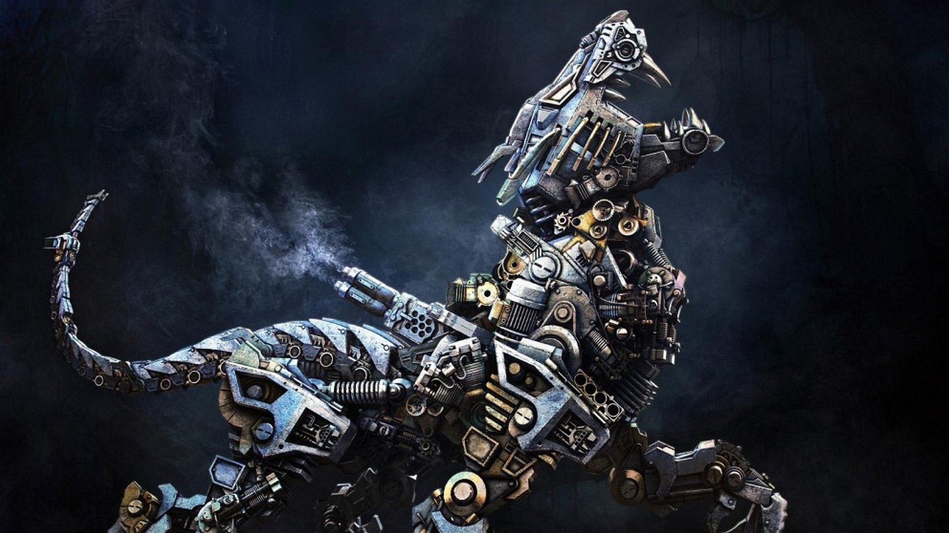 A futuristic robot resembling a dinosaur, intricately crafted from mechanical parts, set against a dark backdrop, designed as intriguing sci-fi desktop wallpaper.