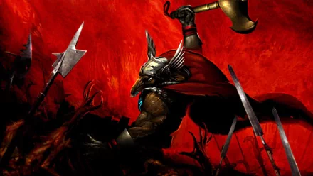 A dynamic HD wallpaper featuring Beta Ray Bill, a warrior creature, battling amidst fiery reds and sharp spears, embodying a fierce comic book aesthetic.