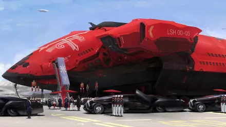 HD sci-fi desktop wallpaper featuring a massive red spaceship on a futuristic runway with crew and vehicles preparing for launch.