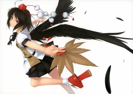 HD PC desktop wallpaper featuring Aya Shameimaru from the anime Touhou, depicted with her signature black wings and dynamic pose on a white background.