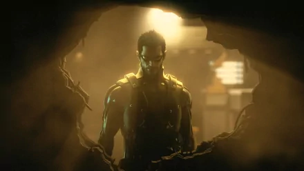 A character from the game Deus Ex: Human Revolution stands in a dramatic pose framed by a hole, surrounded by an atmospheric glow, creating a striking HD PC desktop wallpaper.