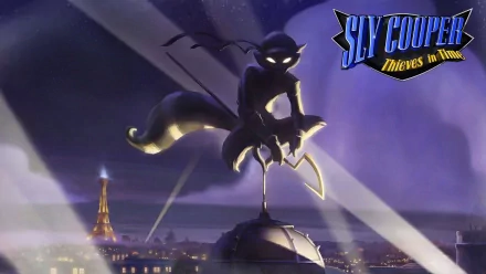 HD PC desktop wallpaper featuring Sly Cooper from the video game Sly Cooper: Thieves in Time, silhouetted against a nighttime cityscape with the game's logo.