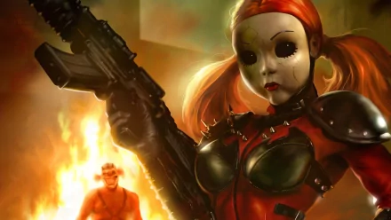 A striking HD desktop wallpaper featuring a character from Twisted Metal, showcasing a doll-like figure in a red outfit wielding a gun, with a fiery background and an ominous figure behind.