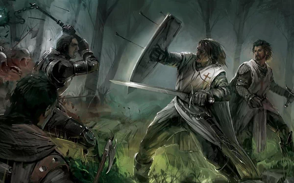 HD fantasy PC wallpaper depicting a tense forest battle between armored knights and cloaked warriors under a dark, misty sky.