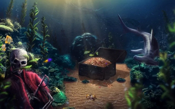 A skeleton in tattered clothing sits beside a treasure chest surrounded by vibrant underwater scenery, as a shark glides through the ocean depths in this captivating fantasy backdrop.