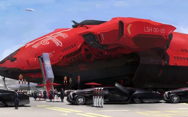 HD sci-fi desktop wallpaper featuring a massive red spaceship on a futuristic runway with crew and vehicles preparing for launch.