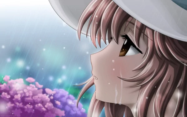 Close-up anime-style HD wallpaper of Kobato, a girl with soft brown hair and expressive eyes, wearing a white hat, set against a rainy, floral background.