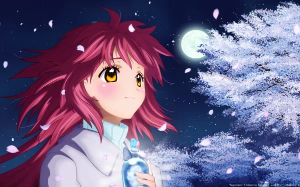 HD anime desktop wallpaper featuring Kobato with red hair holding a bottle under a full moon and cherry blossom tree in the night sky.