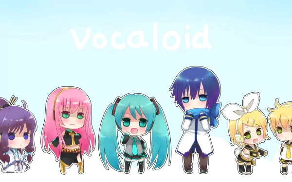 Chibi-style HD desktop wallpaper featuring Vocaloid characters Len Kagamine, Rin Kagamine, Kamui Gakupo, Luka Megurine, Kaito, and Hatsune Miku on a light background.
