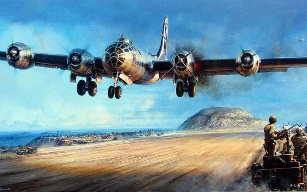 Military Boeing B-29 Superfortress flying low over a coastal airfield with ground crew and an armored vehicle, HD PC desktop wallpaper and background.