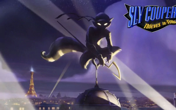 HD PC desktop wallpaper featuring Sly Cooper from the video game Sly Cooper: Thieves in Time, silhouetted against a nighttime cityscape with the game's logo.