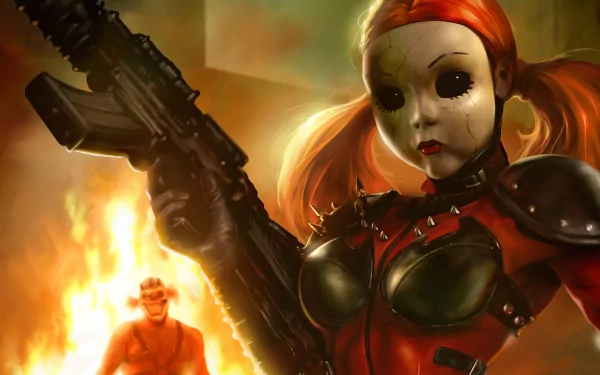 A striking HD desktop wallpaper featuring a character from Twisted Metal, showcasing a doll-like figure in a red outfit wielding a gun, with a fiery background and an ominous figure behind.