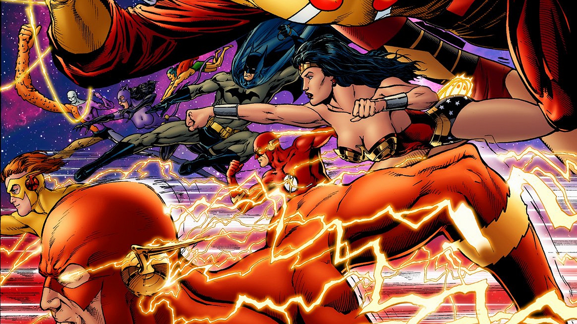 A dynamic ensemble of iconic DC Comics characters, including Batman, Flash, Wonder Woman, Kid Flash, and Catwoman, graces this captivating desktop wallpaper.
