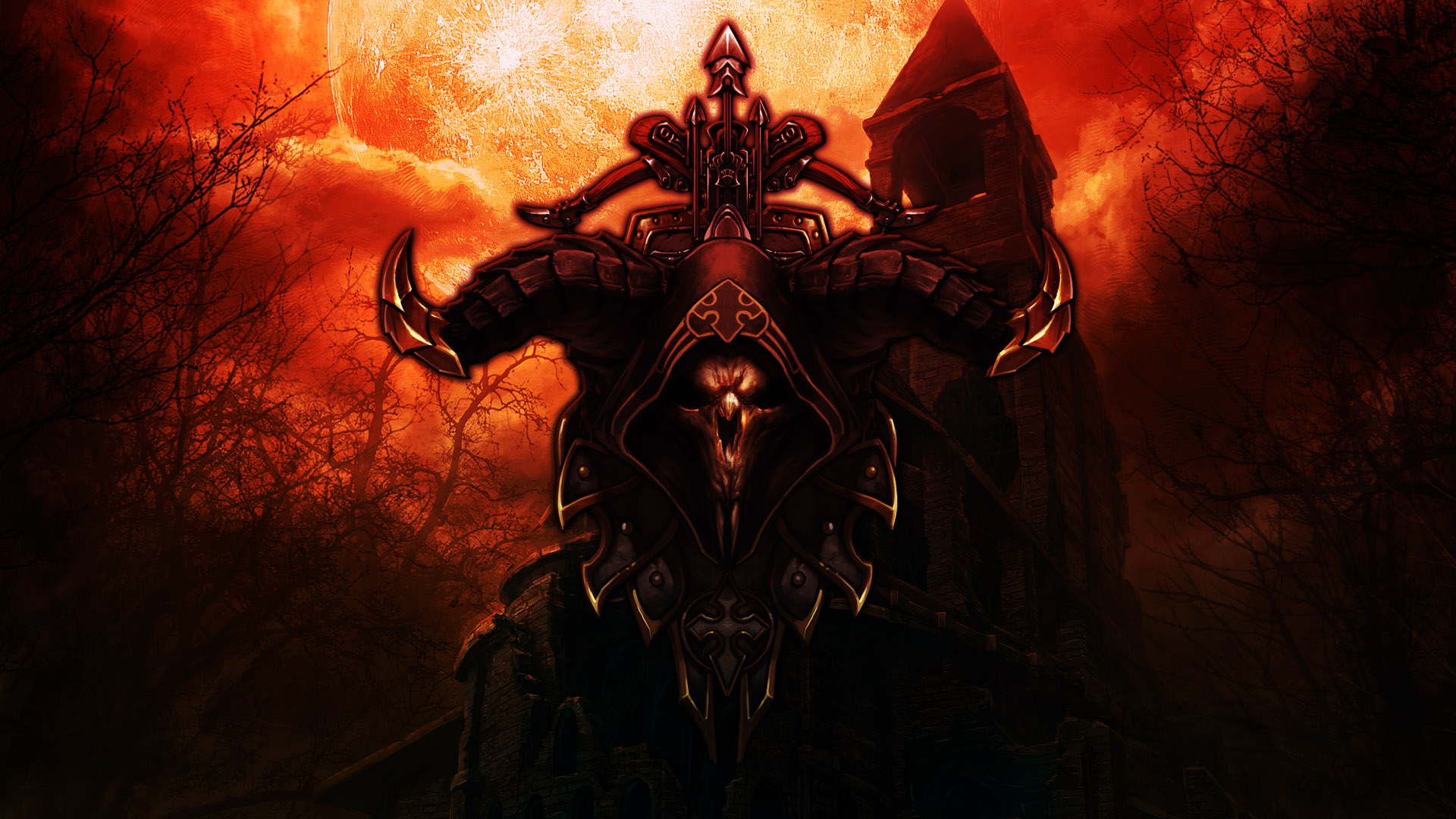 Dark and menacing Demon Hunter character from the video game Diablo III.