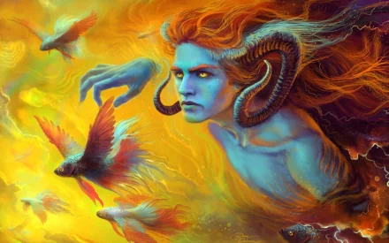 HD fantasy PC wallpaper featuring a fierce blue-skinned demon with fiery hair and curved horns, surrounded by glowing birds against a vibrant, fiery background.