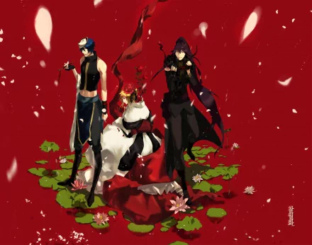 HD PC desktop wallpaper featuring anime Vocaloids Kaito, Kamui Gakupo and Len Kagamine standing on lily pads around a white fox-like creature against a vivid red background.