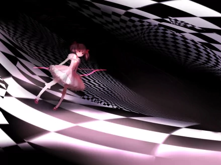 HD PC desktop wallpaper/background of Madoka Kaname from Puella Magi Madoka Magica: pink-clad anime Madoka standing on a surreal black-and-white checkered swirl.