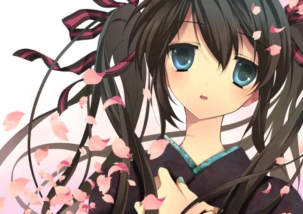 HD anime desktop wallpaper featuring a brown-haired Vocaloid character resembling Hatsune Miku, surrounded by falling pink cherry blossom petals.