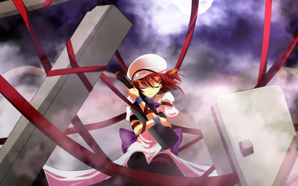 HD PC desktop wallpaper featuring Rena Ryūgū from the anime Higurashi When They Cry, with dynamic red ribbons and a dramatic cloudy sky background.