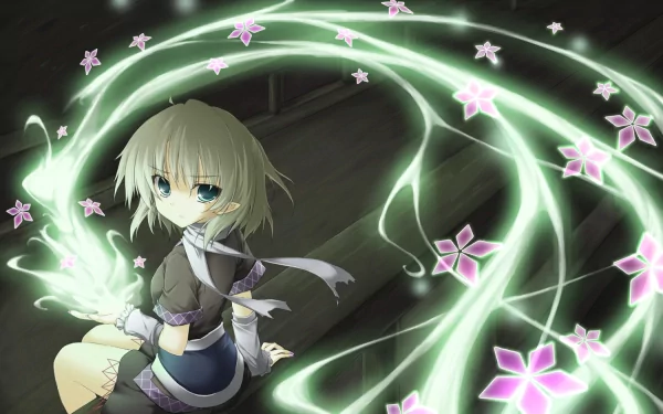 Parsee Mizuhashi from Touhou anime glows with swirling green energy and pink flowers in this HD PC desktop wallpaper background.