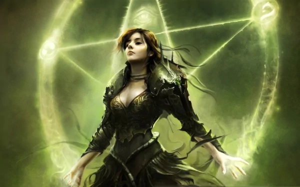 Video game King Arthur HD PC desktop wallpaper background: armored sorceress in dark green armor raising her hands as a glowing rune circle forms behind her.