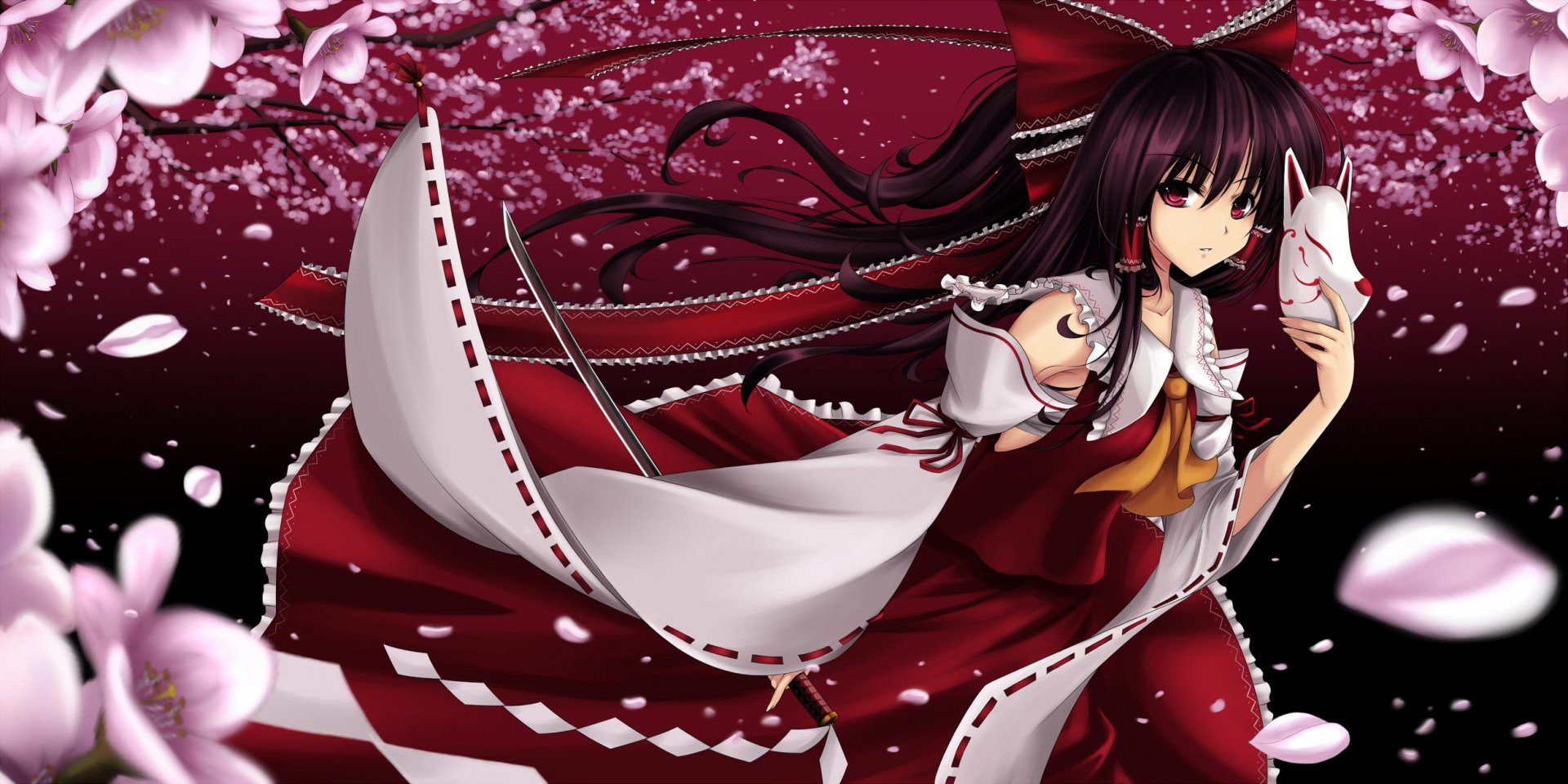 HD PC desktop wallpaper featuring Reimu Hakurei from Touhou, surrounded by cherry blossoms and a flowing red and white outfit in an anime style.
