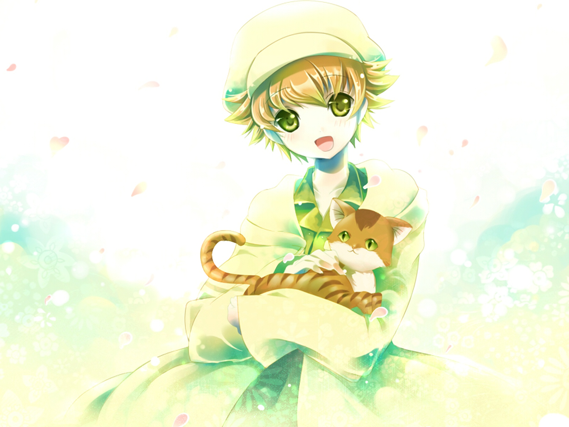 HD anime desktop wallpaper featuring Katsuki Shima from Clannad holding a cat, rendered in soft pastel colors with a bright, serene background.