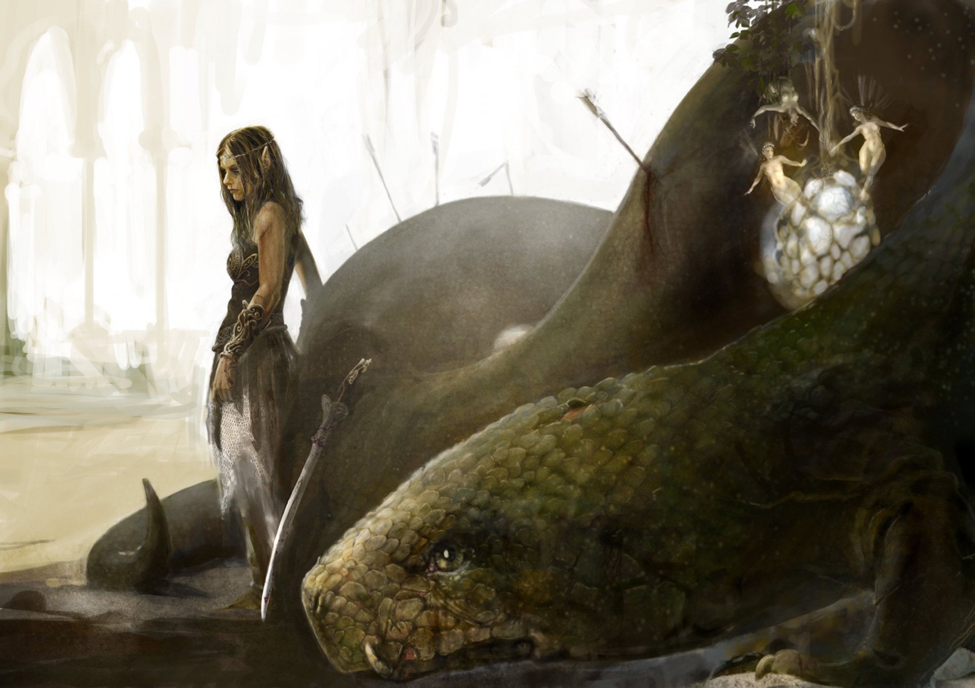 HD fantasy PC desktop wallpaper depicting a large dragon with a woman standing nearby in a misty, ancient-looking hall.