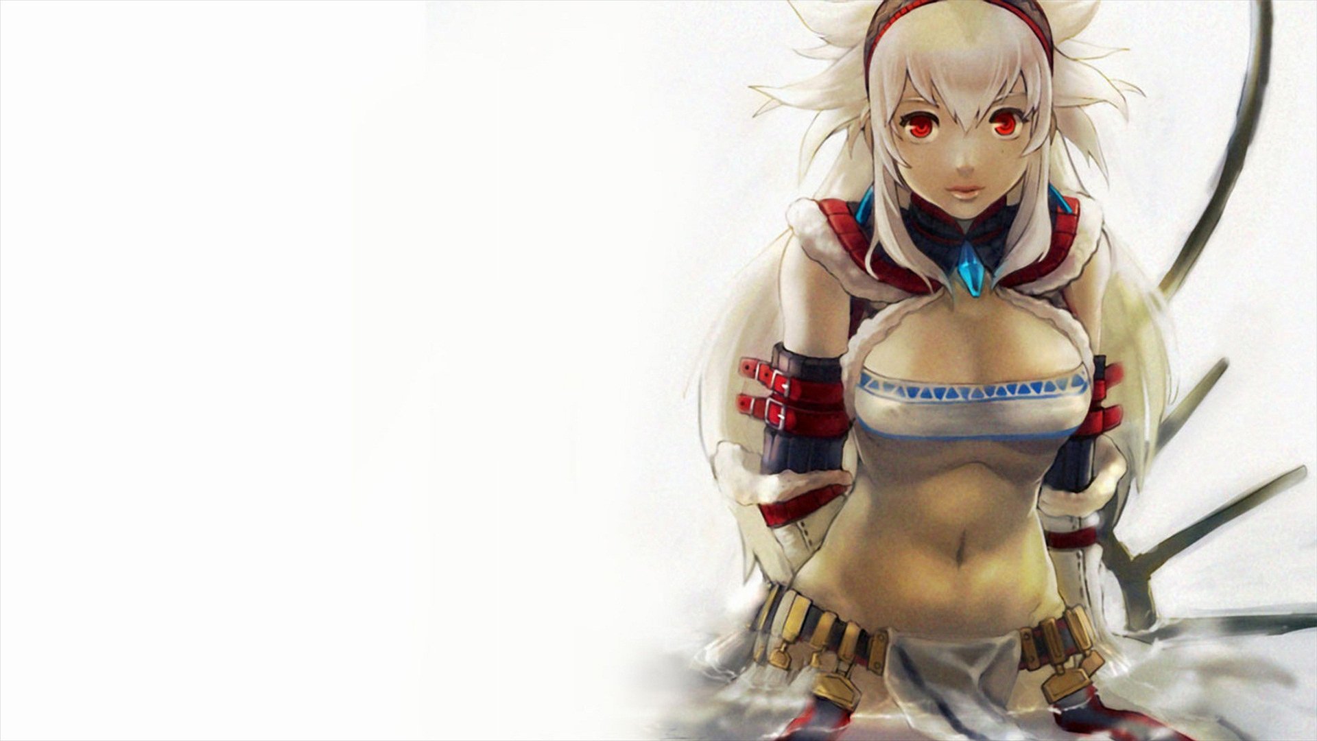 4K Ultra HD Monster Hunter video game wallpaper featuring a detailed female character with white hair, red eyes, and tribal-inspired armor against a light background.