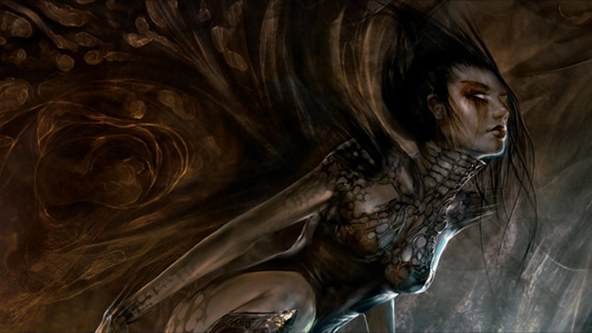 Dark fantasy 4K Ultra HD wallpaper depicting a mysterious, shadowy figure with ethereal features emerging from a swirling, ominous background.