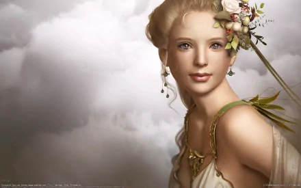 HD fantasy PC wallpaper featuring a serene woman with flowers in her hair against a misty, cloudy background.