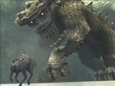 HD desktop wallpaper featuring a colossal creature from the video game Shadow of the Colossus towering over a solitary warrior on horseback amidst a misty, rugged landscape.