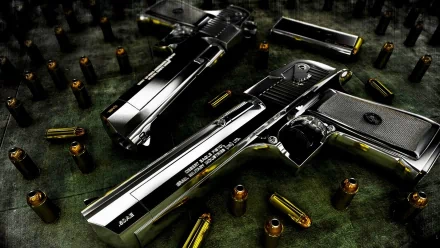 HD desktop wallpaper featuring two metallic Desert Eagle handguns surrounded by scattered bullet casings.
