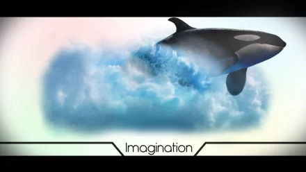 A surreal HD desktop wallpaper featuring an orca whale emerging from a cloud, blending animal and cloud elements through Photoshop artistry.
