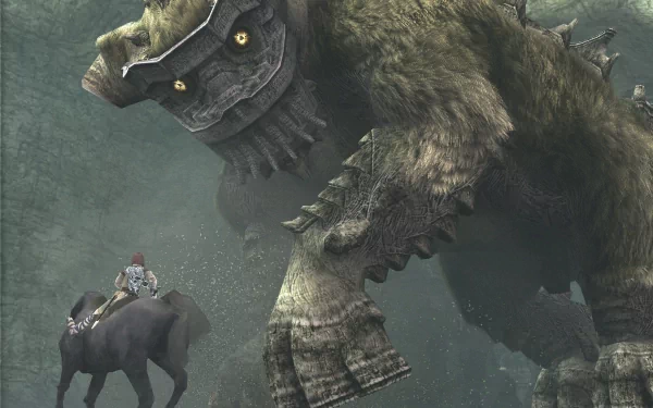 HD desktop wallpaper featuring a colossal creature from the video game Shadow of the Colossus towering over a solitary warrior on horseback amidst a misty, rugged landscape.