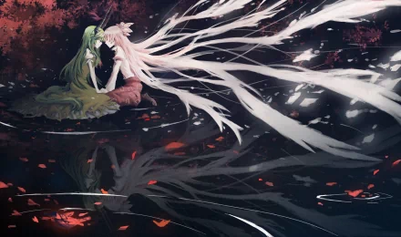HD anime desktop wallpaper featuring Fujiwara no Mokou and Keine Kamishirasawa from Touhou, with dynamic white wing-like trails and a dark, reflective background.